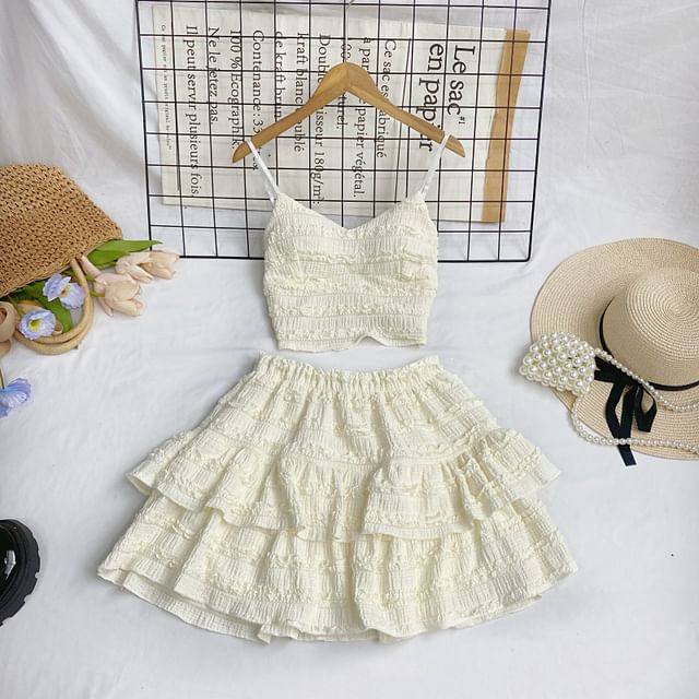 Set: Plain Lace Crop Cami Top + Elastic Waist Tiered Mini A-Line Skirt mySite