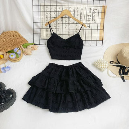 Set: Plain Lace Crop Cami Top + Elastic Waist Tiered Mini A-Line Skirt mySite