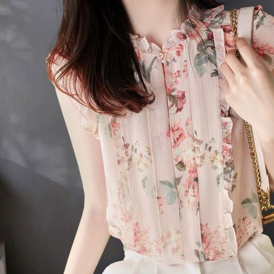 Cap-Sleeve Notch Neck Frill Trim Floral Pleated Blouse mySite