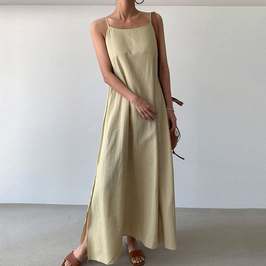 Spaghetti Strap Plain Slit Maxi A-Line Dress SpreePicky