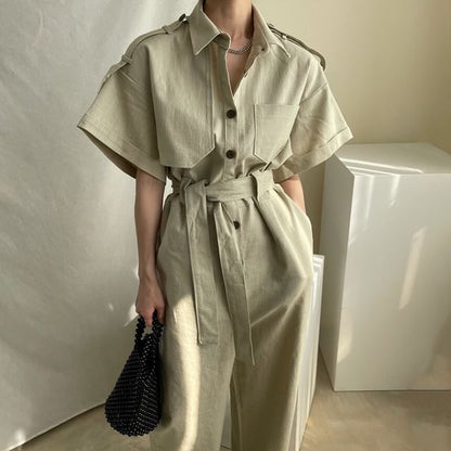 Short-Sleeve Collar Plain Button Wide Leg Jumpsuit SpreePicky