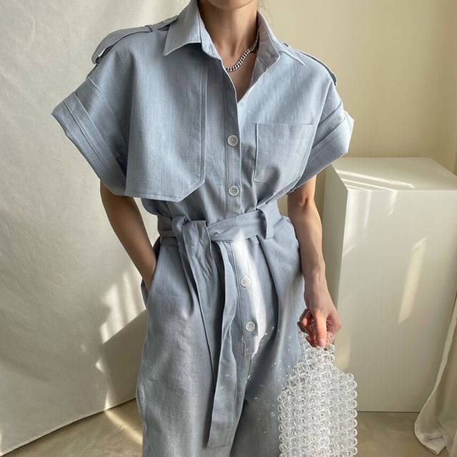 Short-Sleeve Collar Plain Button Wide Leg Jumpsuit SpreePicky