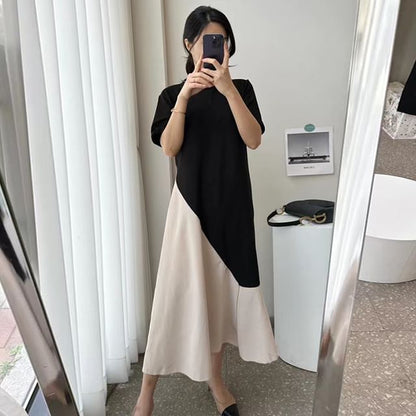 Short-Sleeve Crew Neck Two Tone Midi A-Line Dress SpreePicky