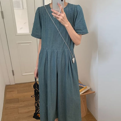 Short-Sleeve Round Neck Washed Denim Midi A-Line Dress SpreePicky