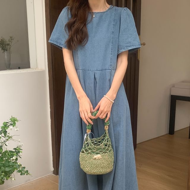 Short-Sleeve Round Neck Washed Denim Midi A-Line Dress SpreePicky