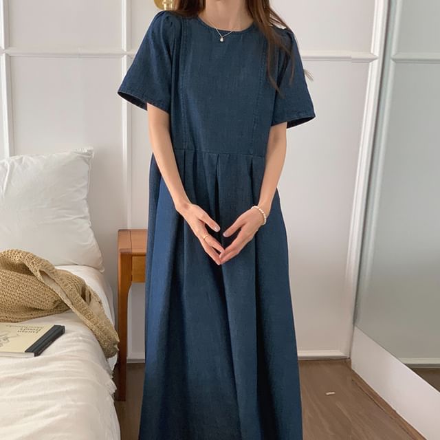 Short-Sleeve Round Neck Washed Denim Midi A-Line Dress SpreePicky