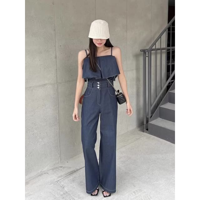 Short-Sleeve Cold-Shoulder Ruffle Trim Blouse / High Rise Wide Leg Pants SpreePicky