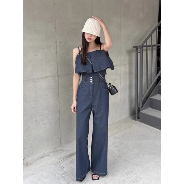 Short-Sleeve Cold-Shoulder Ruffle Trim Blouse / High Rise Wide Leg Pants SpreePicky