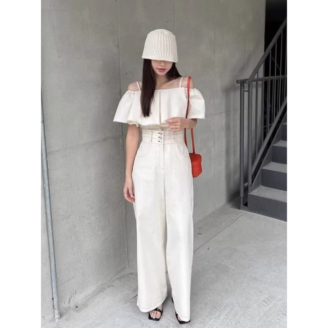 Short-Sleeve Cold-Shoulder Ruffle Trim Blouse / High Rise Wide Leg Pants SpreePicky