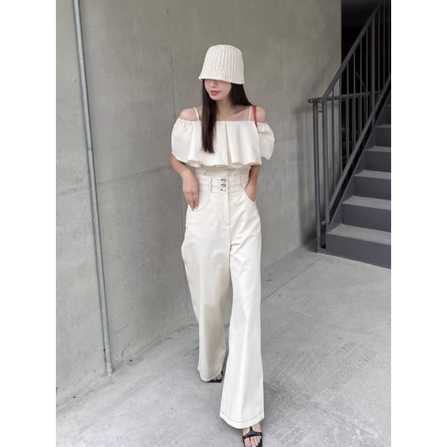 Short-Sleeve Cold-Shoulder Ruffle Trim Blouse / High Rise Wide Leg Pants SpreePicky