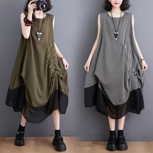 Sleeveless Round Neck Panel Drawstring Midi A-Line Dress SpreePicky