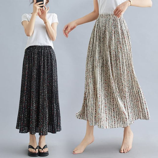 Elastic Waist Floral Print Accordion Pleated Maxi A-Line Skirt SpreePicky