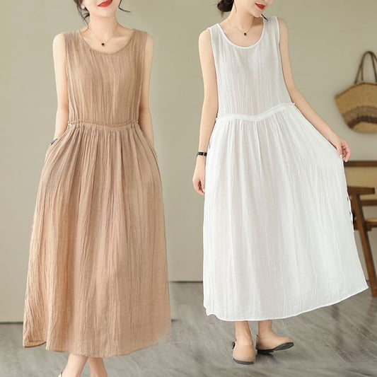 Sleeveless Round Neck Plain Drawstring Waist Maxi A-Line Dress SpreePicky