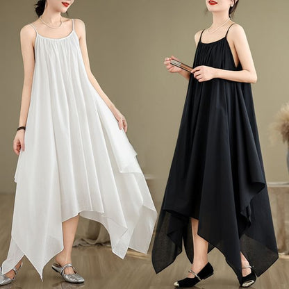 Spaghetti Strap Plain Asymmetrical A-Line Dress SpreePicky