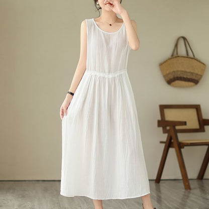 Sleeveless Round Neck Plain Drawstring Waist Maxi A-Line Dress SpreePicky