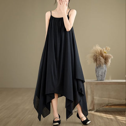 Spaghetti Strap Plain Asymmetrical A-Line Dress SpreePicky