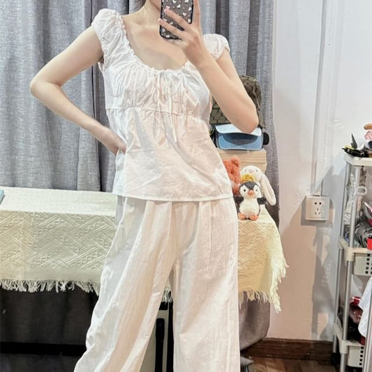 Mid Rise Plain Lace Panel Wide Leg Pants SpreePicky