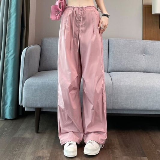 Drawstring Waist Plain Wide Leg Cargo Pants SpreePicky