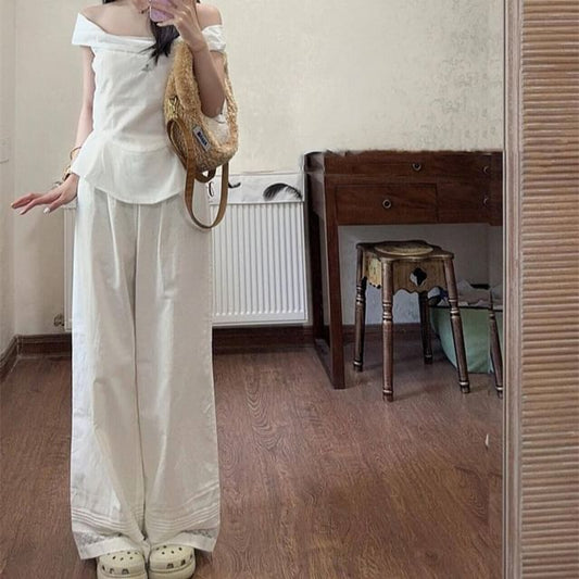 Mid Waist Plain Lace Panel Wide Leg Pants SpreePicky