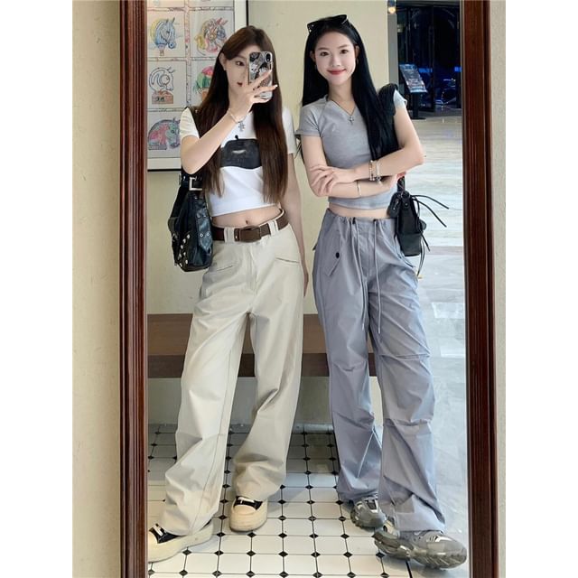 Drawstring Waist Plain Loose Fit Cargo Pants SpreePicky