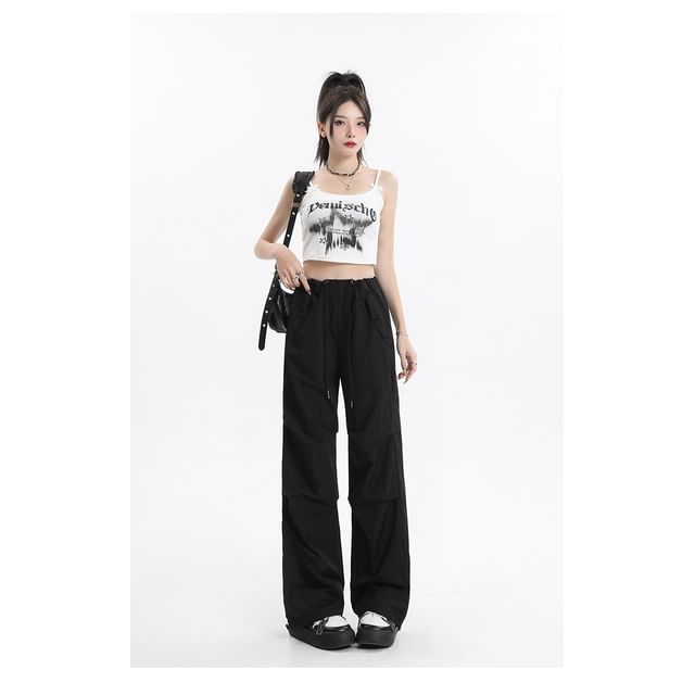 Drawstring Waist Plain Loose Fit Cargo Pants SpreePicky