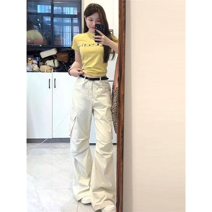 Mid Waist Plain Wide Leg Cargo Pants SpreePicky