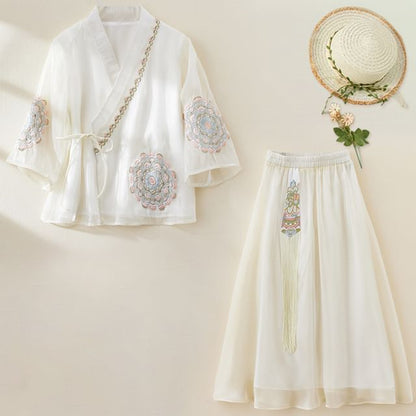 3/4-Sleeve V-Neck Floral Embroidered Tie Front Wrap Top / Elastic Waist Fringe Midi A-Line Skirt SpreePicky