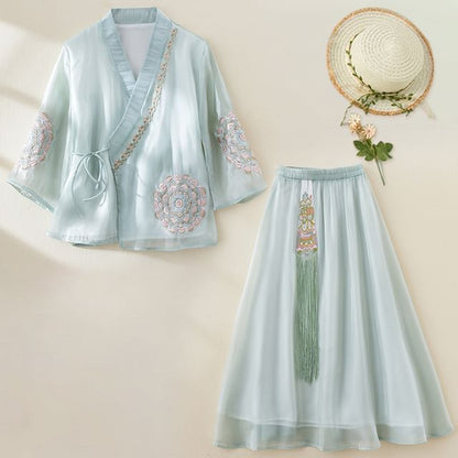 3/4-Sleeve V-Neck Floral Embroidered Tie Front Wrap Top / Elastic Waist Fringe Midi A-Line Skirt SpreePicky