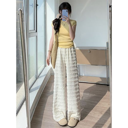 Elastic Waist Plain Frill Wide Leg Pants SpreePicky