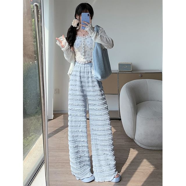 Elastic Waist Plain Frill Wide Leg Pants SpreePicky