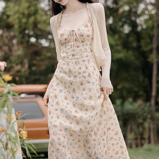 Plain Cardigan / Spaghetti Strap Floral Maxi Sundress / Set SpreePicky