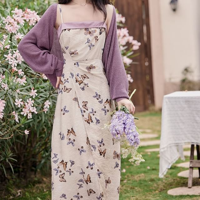 Plain Cardigan / Spaghetti Strap Butterfly Print Maxi Sundress / Set SpreePicky