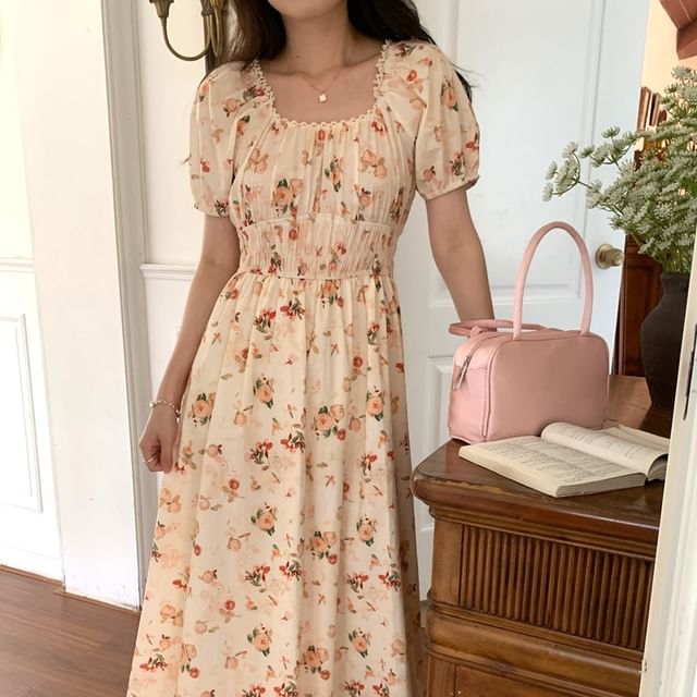 Short-Sleeve Square Neck Floral Maxi A-Line Dress SpreePicky