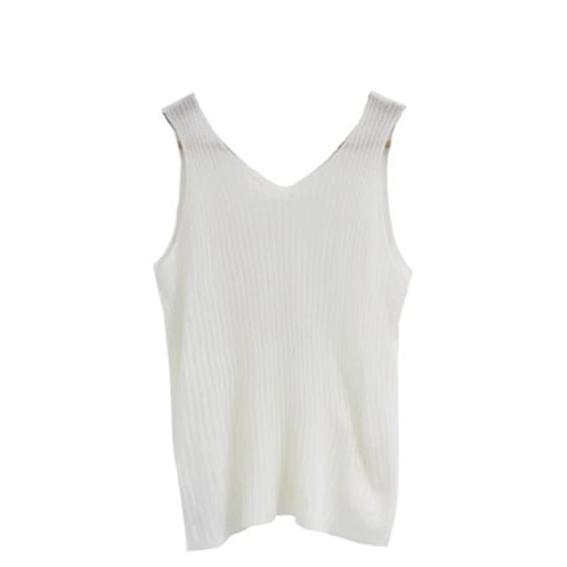 Sleeveless V-Neck Plain Knit Top SpreePicky