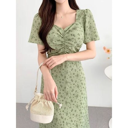 Short-Sleeve V-Neck Floral Maxi A-Line Dress SpreePicky