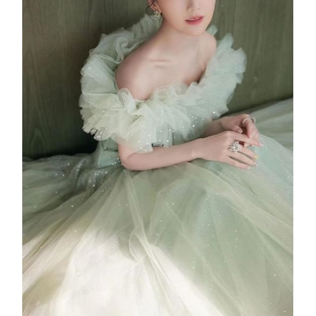 Off Shoulder Ruffle Trim A-Line Evening Gown FashionChic