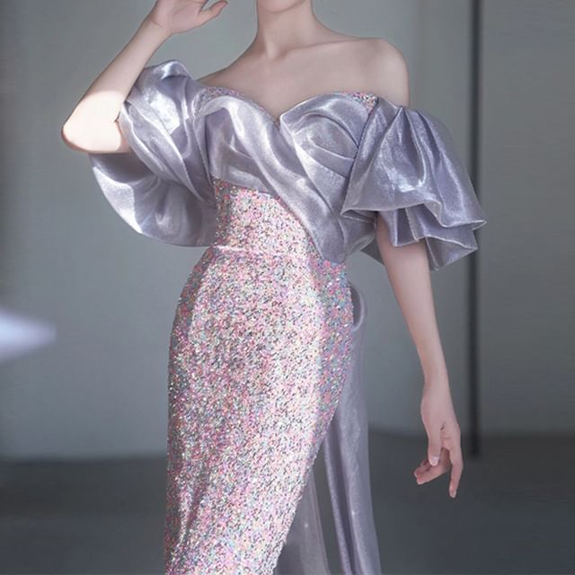 Off-Shoulder Sequin Mermaid Evening Gown FashionChic