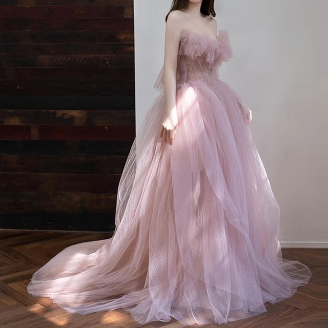 Strapless Glitter Mesh A-Line Ball Gown FashionChic