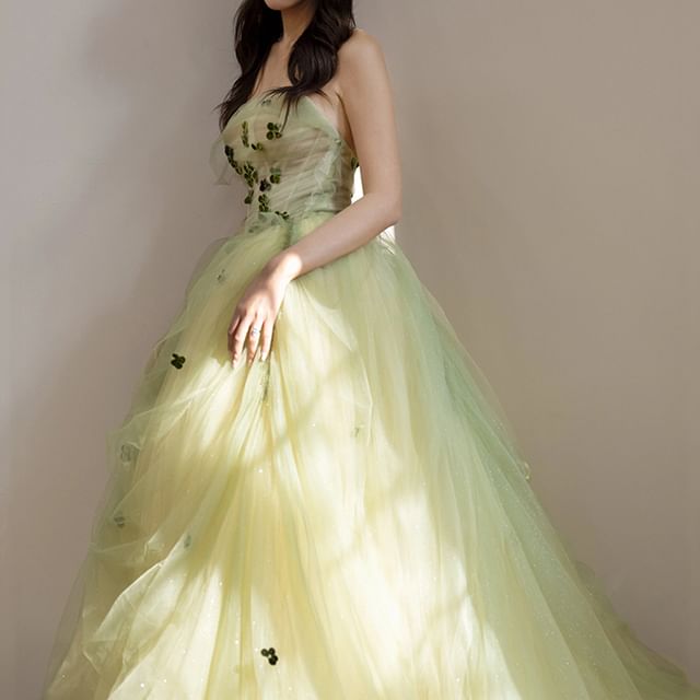 Strapless Flower Detail A-Line Ball Gown FashionChic