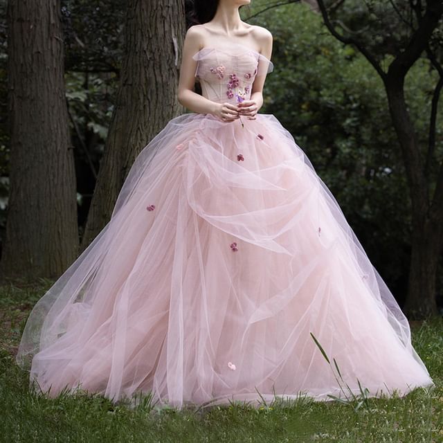 Strapless Flower Detail A-Line Ball Gown FashionChic