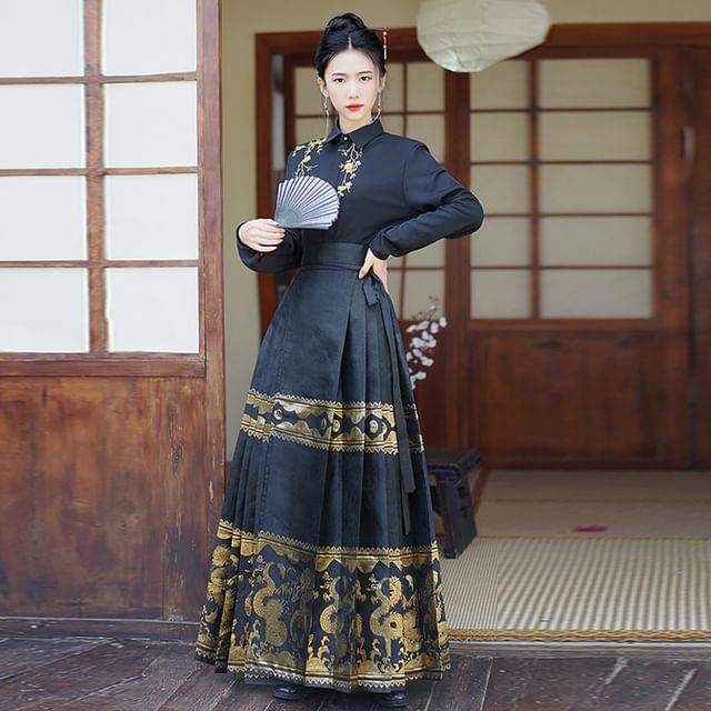 Flower Embroidered Shirt / High Rise Dragon Print Maxi Ma Mian Skirt / Arm Sleeves SpreePicky