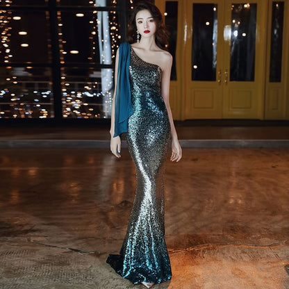 Sleeveless One Shoulder Sequin Gradient Mermaid Evening Gown SpreePicky