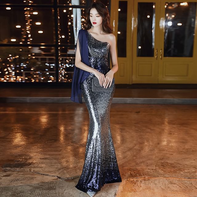 Sleeveless One Shoulder Sequin Gradient Mermaid Evening Gown SpreePicky