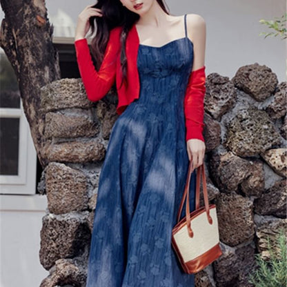 Plain Cardigan / Spaghetti Strap Floral Denim Maxi A SpreePicky