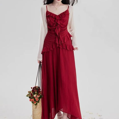 Spaghetti Strap Plain Ruffle Asymmetrical Maxi Sundress / Cardigan / Set SpreePicky