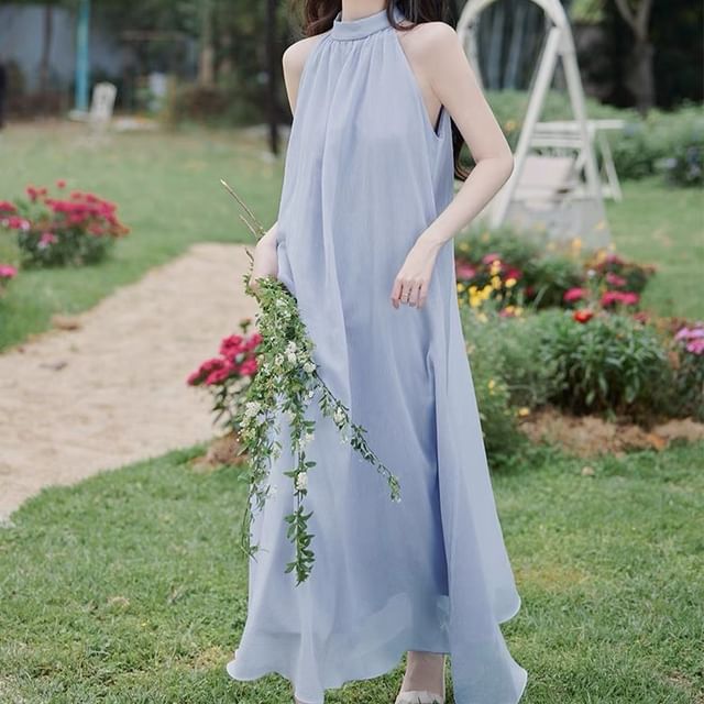 Halter Plain Maxi Sundress / Belt / Cardigan / Set SpreePicky