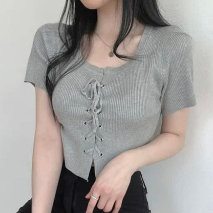 Short-Sleeve Scoop Neck Plain Lace Up Knit Top mySite