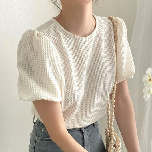 Short-Sleeve Round Neck Plain Waffle Top mySite