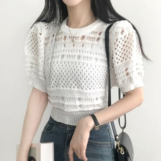 Short-Sleeve Crew Neck Plain Pointelle Knit Top mySite