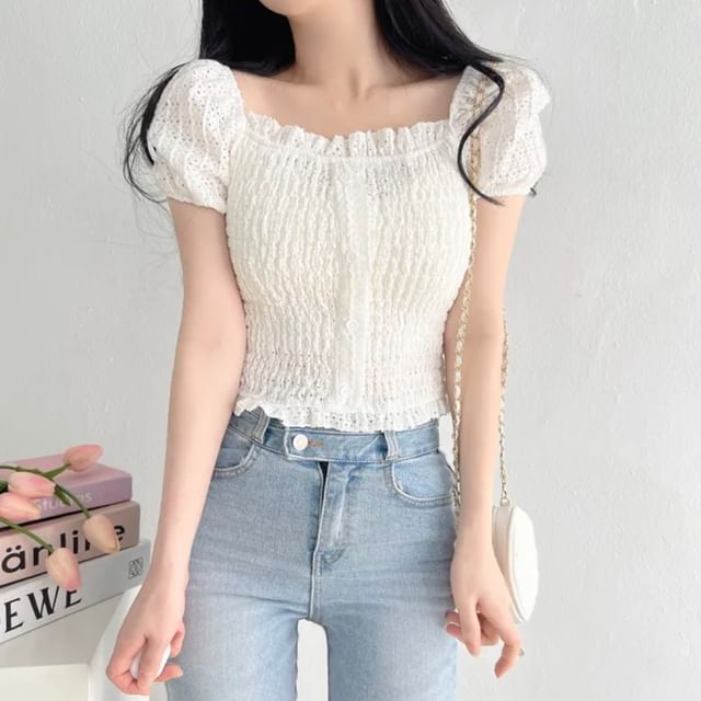 Short-Sleeve Square Neck Plain Ruched Top mySite